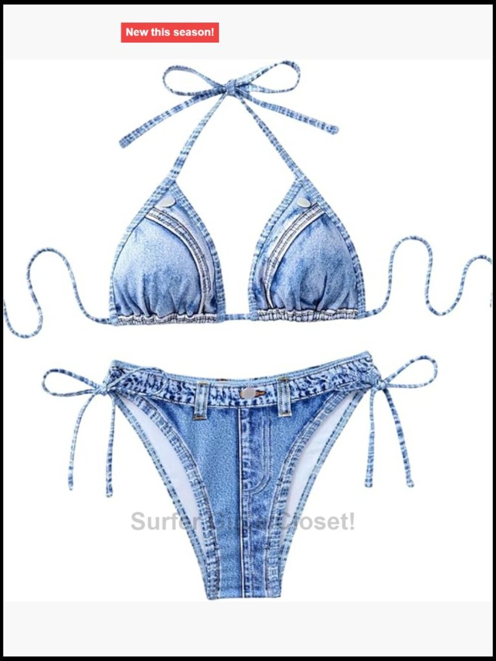 Bikini Set Denim Print Triangle Halter Side Tie Swimsuits 2 Piece Bathing Suits